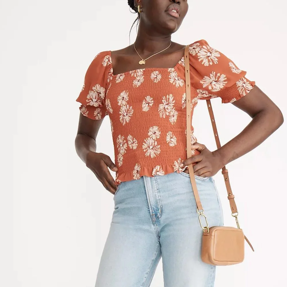 [NWT] Madewell Floral Georgette Puff-Sleeve Smocked Bodice Top